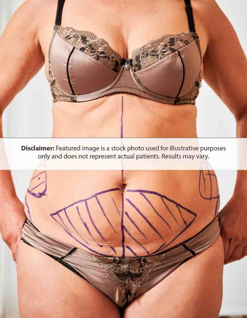 Woman’s abdomen and chest with surgical markings, stock image for illustrative purposes only.